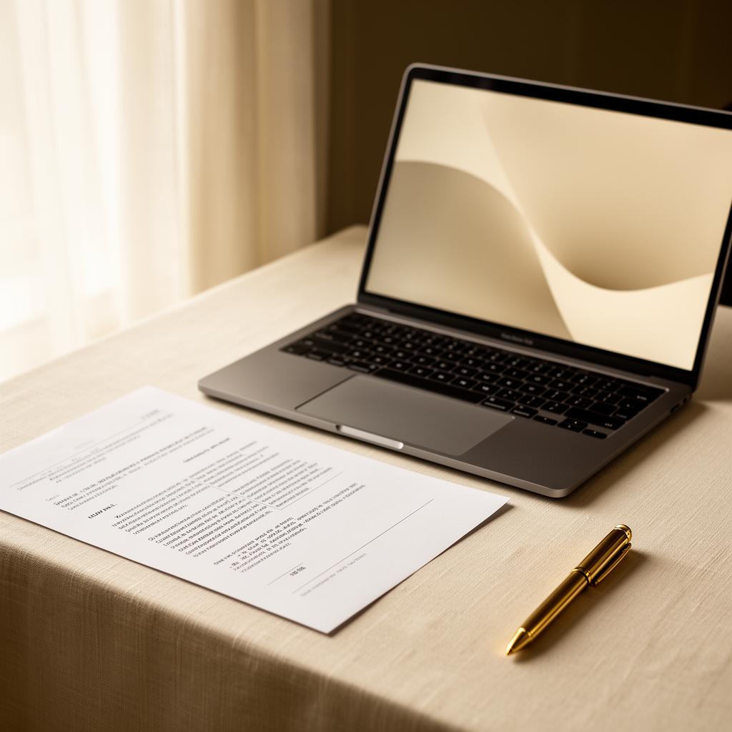 Laptop, drukowany dokument i mosiężne pióro na lnianym biurku